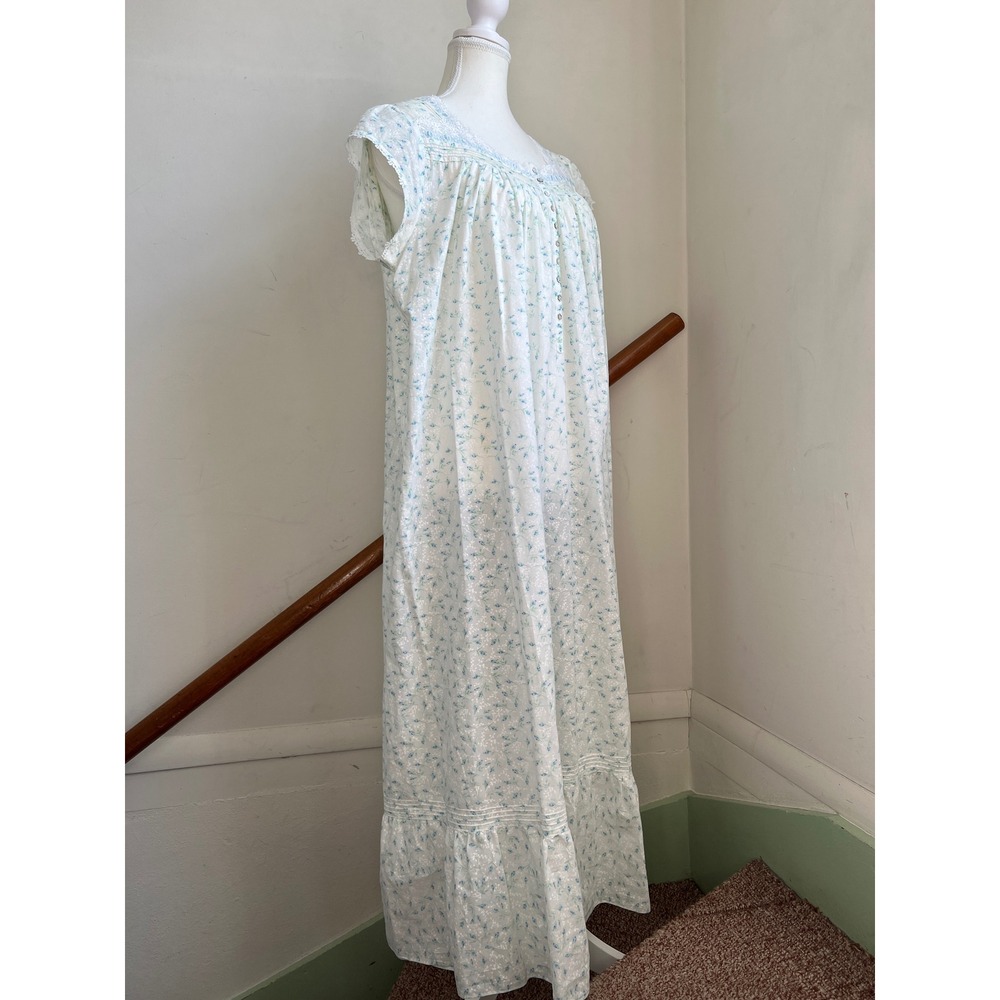 Vintage Eileen West Nightgown Medium Floral Cotton‎ Lace Maxi Gown Button Front